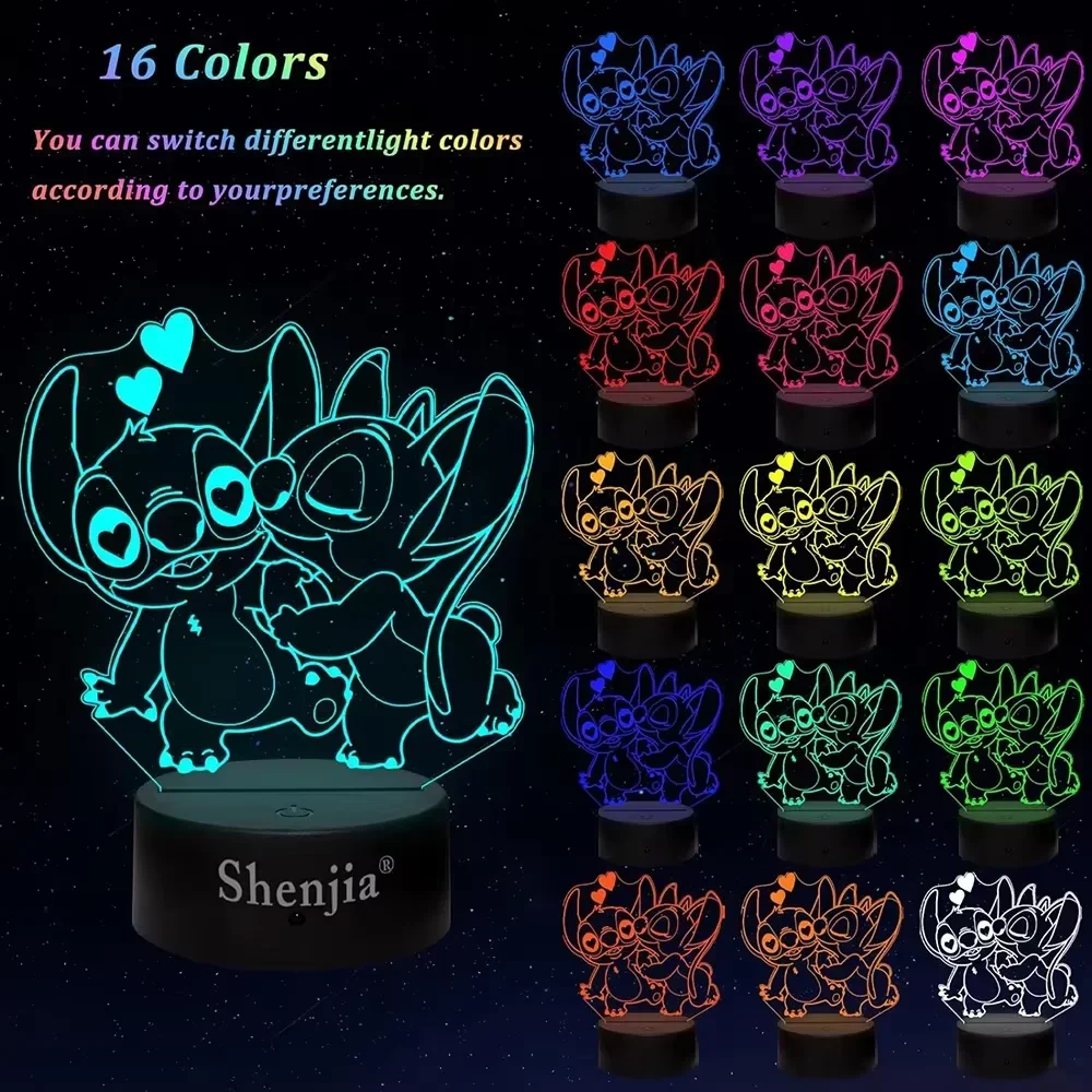 Disney Stitch 16 Colors 3D Night Light with Remote Control and Smart Touch Cute Kids Room Decoration Lamp Birthday Holiday Gift