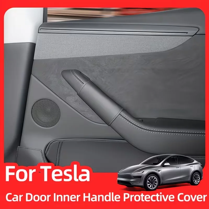 2-Pack Interior Door Handle Covers, Velcro Design for Repeated Cleaning and Reuse, Leather Texture Is Dirt-Resistant and Wear-Resistant, Custom-Fit for the Updated Model 3/Y