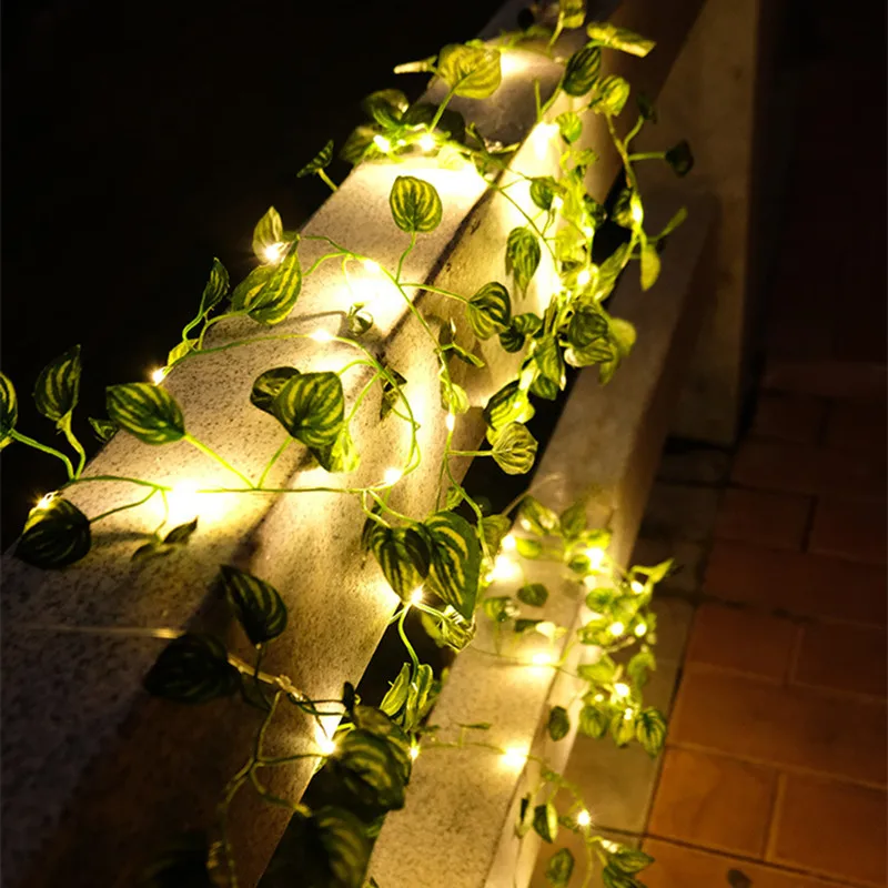 Solar Green Leaf Fake Plants String Light Waterproof String Light For Wall House Room Office Outdoor Birthday Wedding Decor