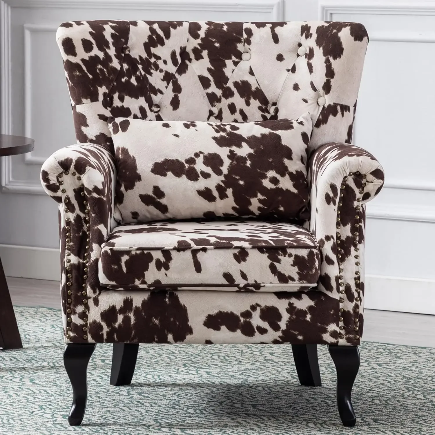 Mid Century Modern Accent Chair Upholstered Armchair Comfy Cowhide-Print Fabric Single Sofa  Living Room Cow