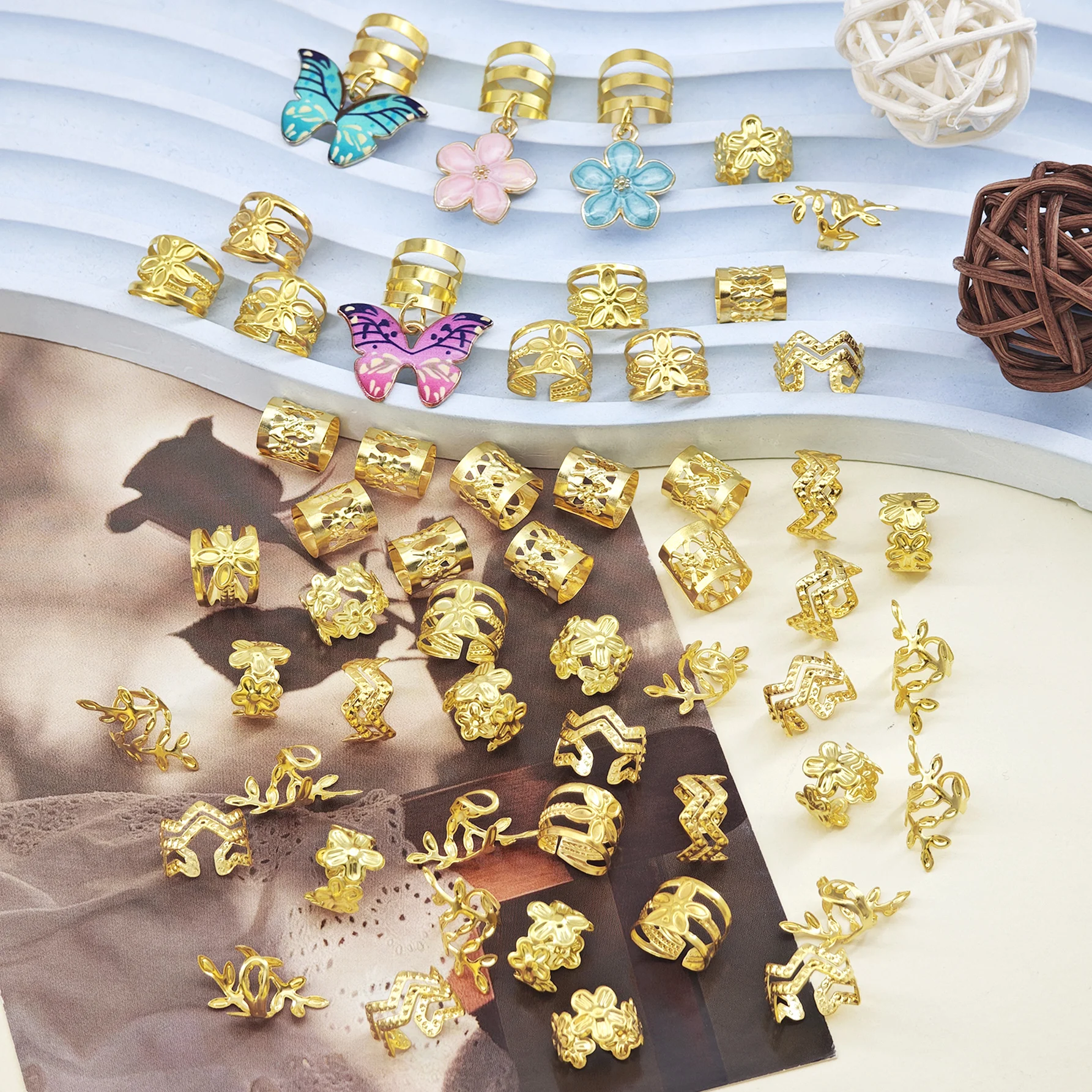 

54pcs Shaped-Floral Wave Hair Rings with Colorful Butterflies & Camellias - Multi-Shape Adjustable Alloy Cuffs, Romantic Garden