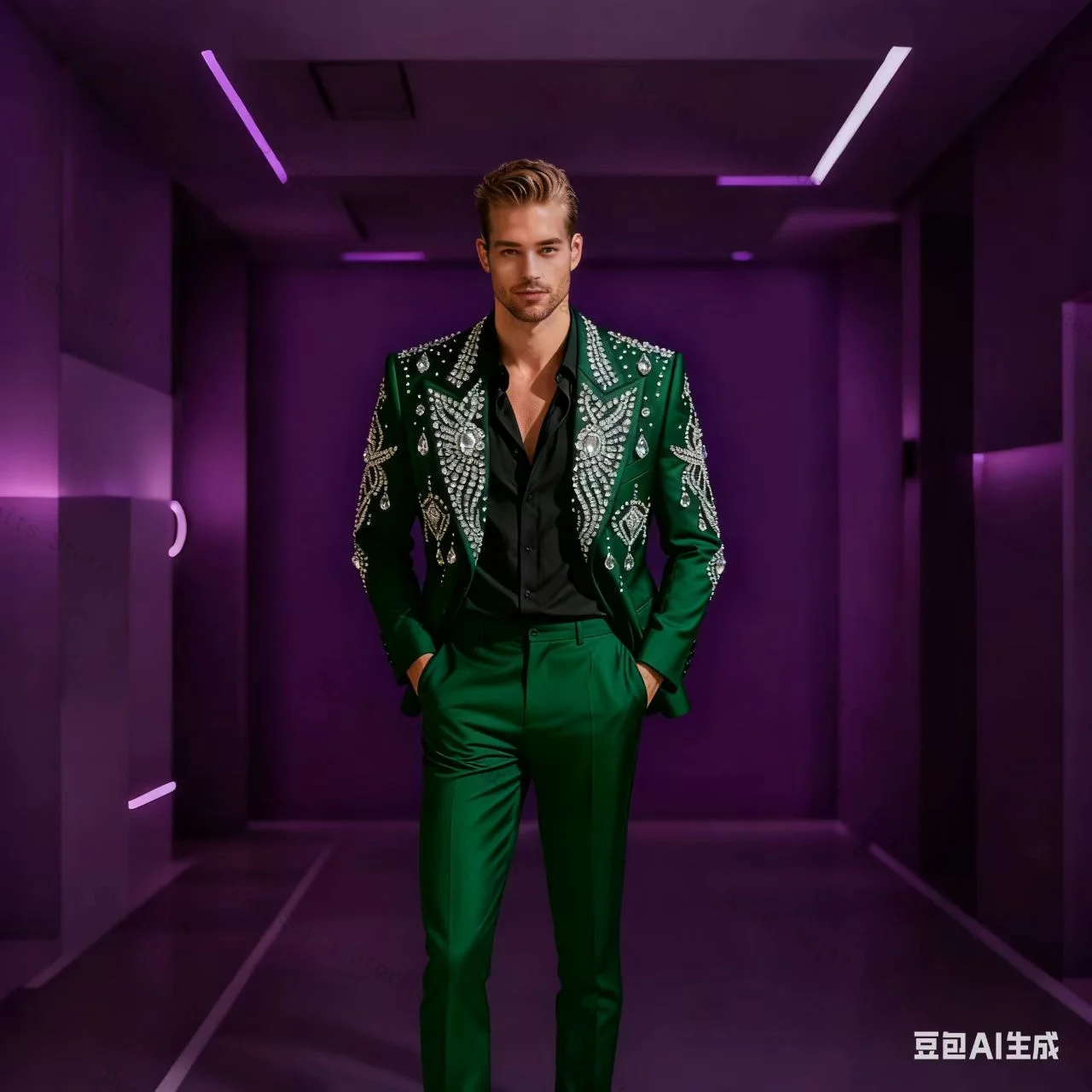 

Green Crystals Men Suit Set 2 Piece Blazer+Pants Trousers Cotton Customized Formal Office Business Jacket Wedding Tuxedos Coat