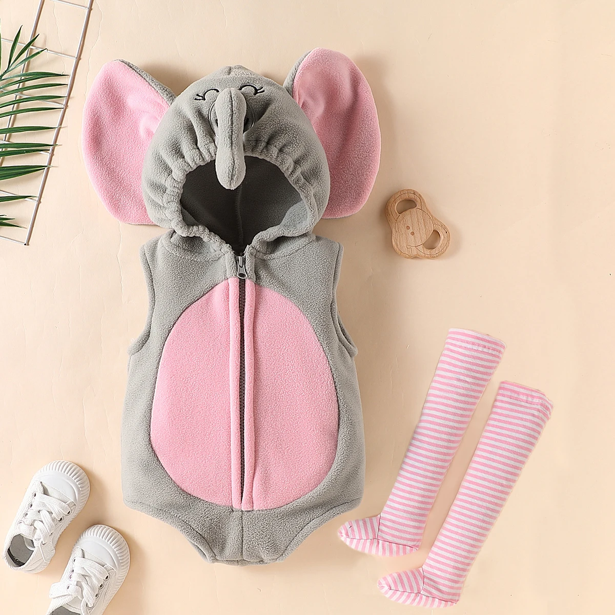 Cartoon Little Elephant Mouse Costume for Baby Infant Girls Hooded Sleeveless Short Romper With Pink Striped Stockings