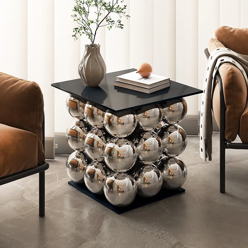 Home Furniture Stacked Metal Ball Side Tables Black Square Tabletop Small Coffee Table Sofa Bedside Luxury Nightstand Decor Gift