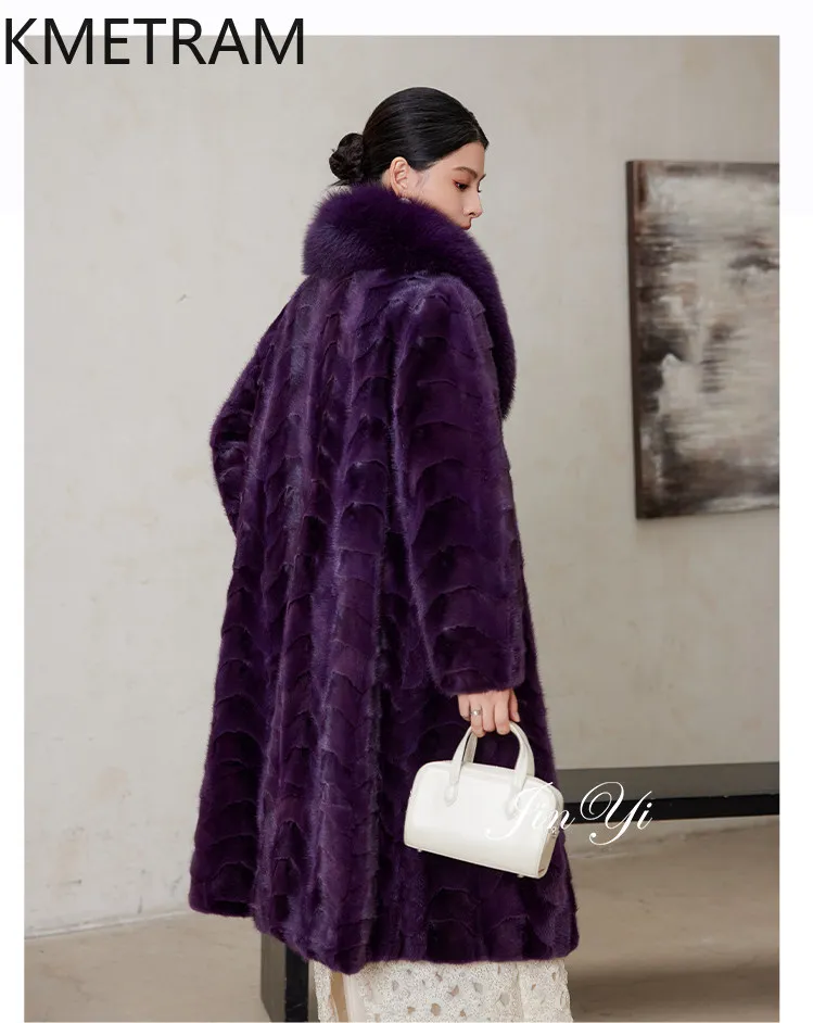 KMETRAM-Chaqueta de piel de visón 100% Natural para mujer, abrigo largo de piel de visón auténtica con cuello de zorro a la moda, ropa de invierno para mujer 2026