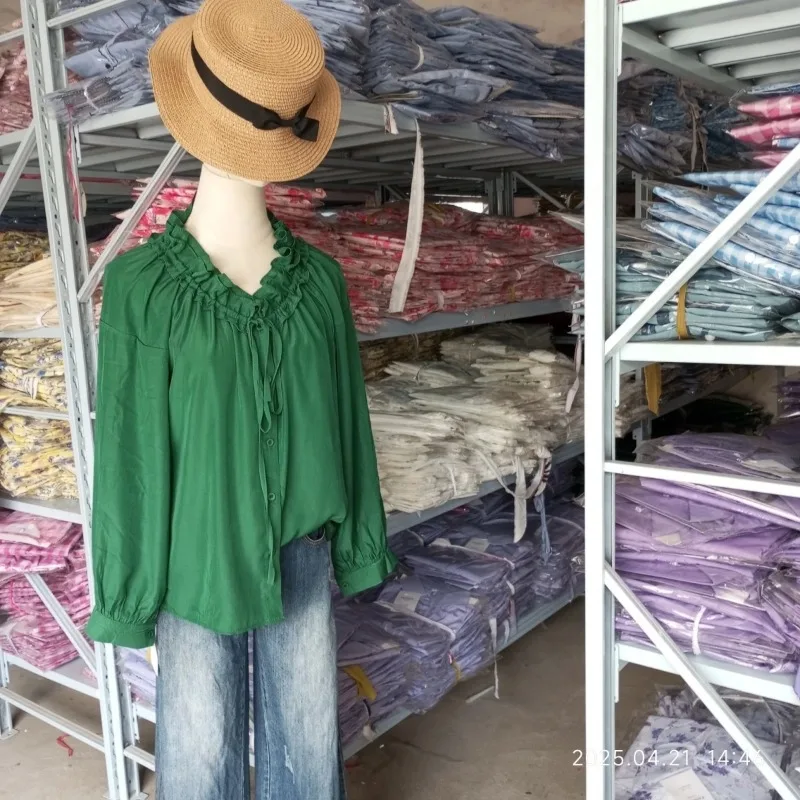 

Женская одежда, весенне-осенняя модная однотонная женская рубашка на пуговицах с v-образным вырезом, универсальная футболка с длинными рукавами и шнурком