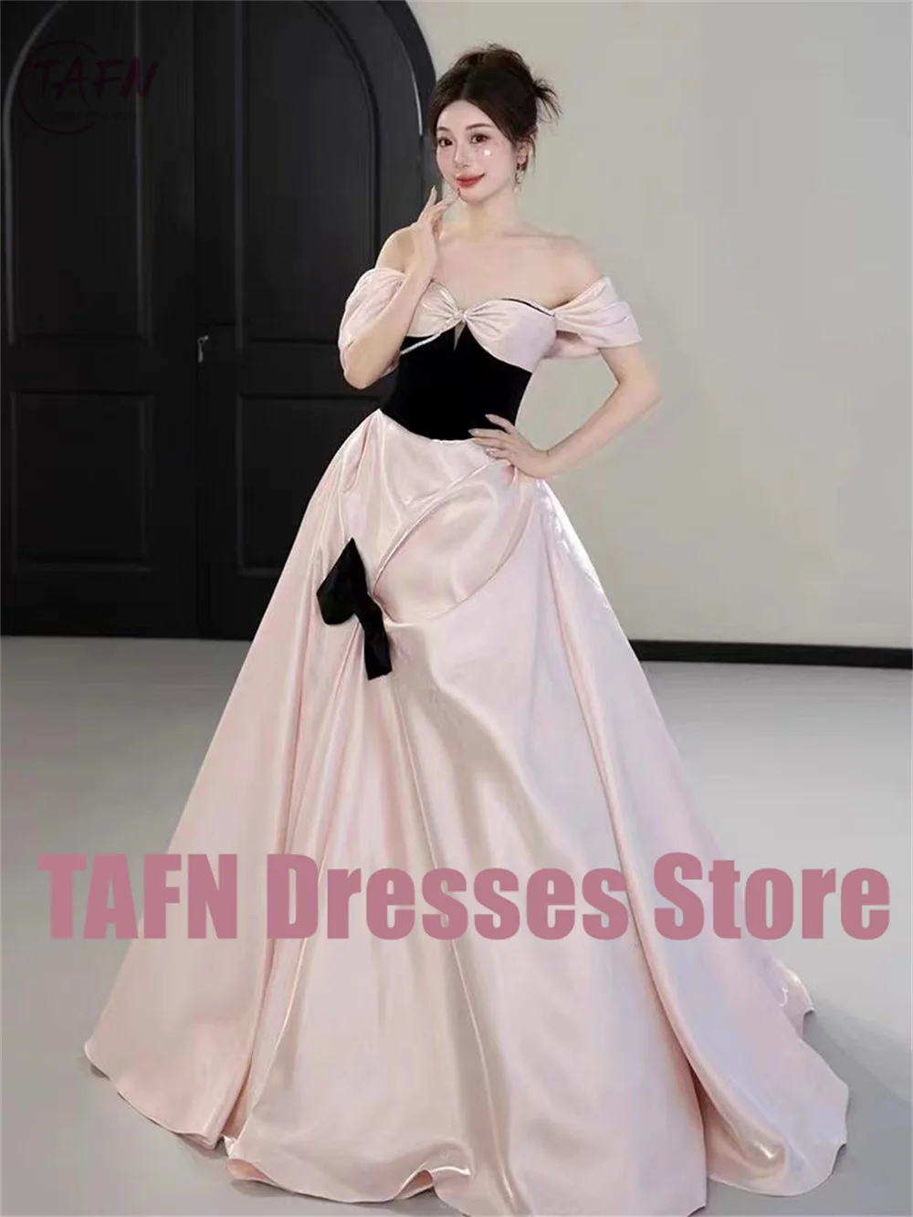 TAFN Korea Princess Pink Wedding Dressses Off the Shoulder Bow A-line Bridal Ball Gown Elegant Lovely Wedding Reception Dresses