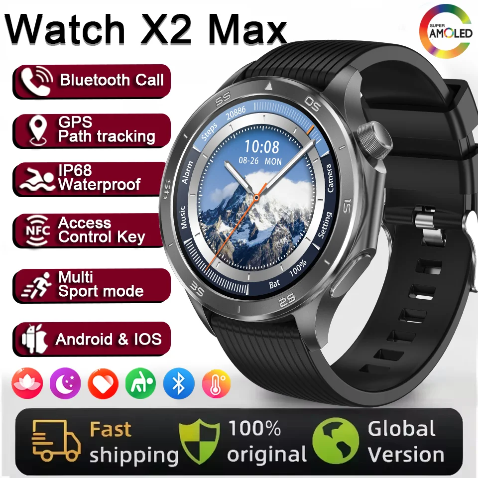 

2026 New Watch X2 GPS Smart Watch Men High-end Business Men Bluetooth Call IP68 Waterproof Fitness Tracker compass Smartwatches