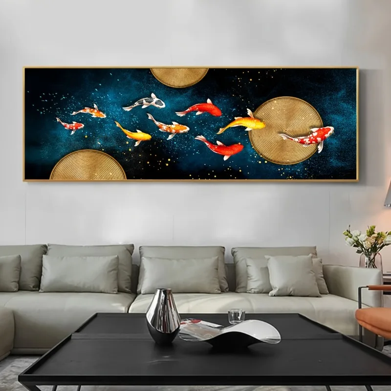 Large Wall Decorative Painting on Canvas Chinese Style Koi Poster Nine Fish Illustration Feng Shui Carp Lotus Pond Home Decor