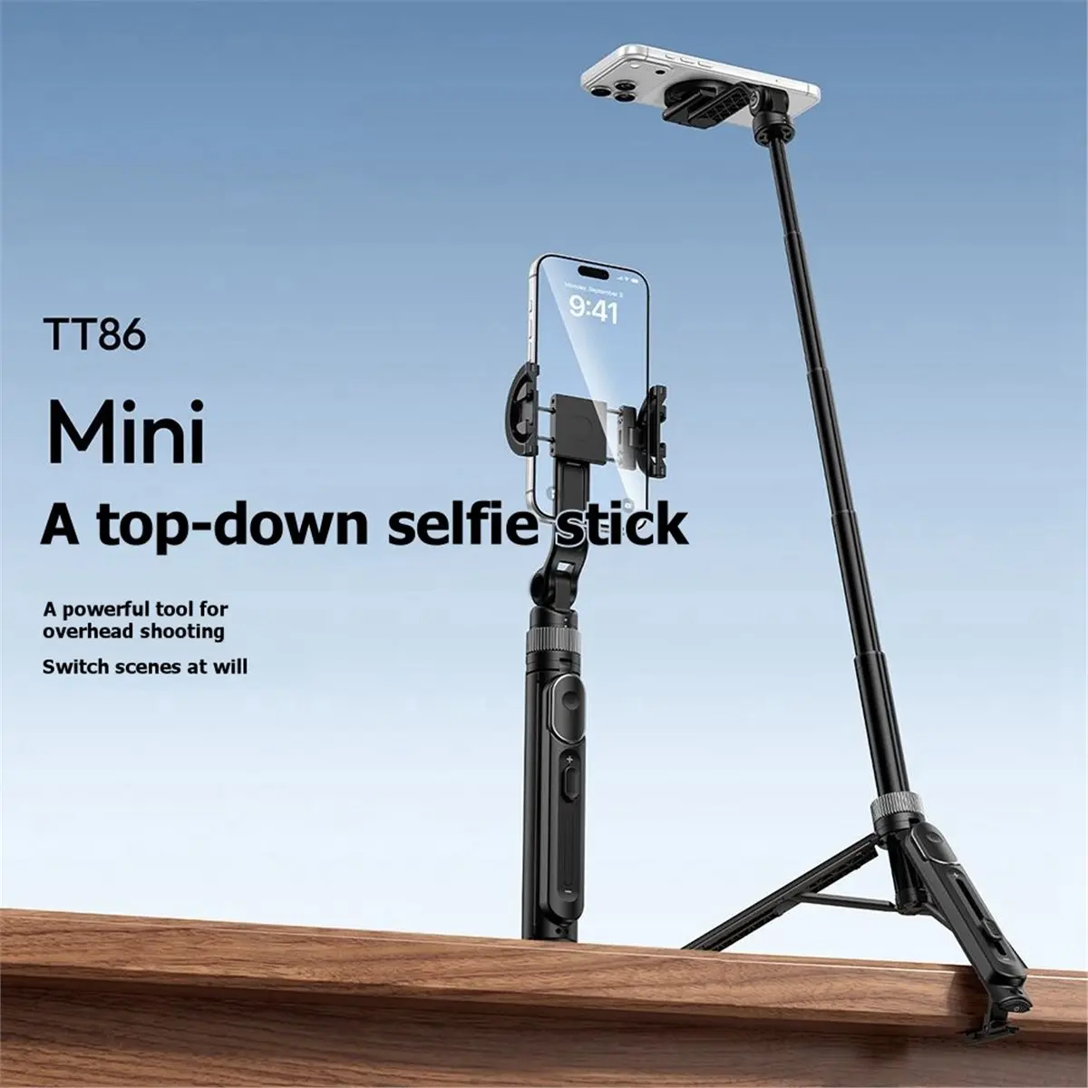 (A99Z] TT86 Mini Overhead Selfie Stick Magnetic Clamp 2 in 1 Phone Mount Wireless Control Smartphone Tripod