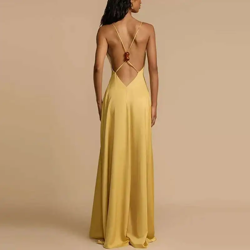 Casual Summer Slim Fit Holiday Sexy Ladies Deep V Backless Satin Simple Solid Color High Waist Party Long Dress New