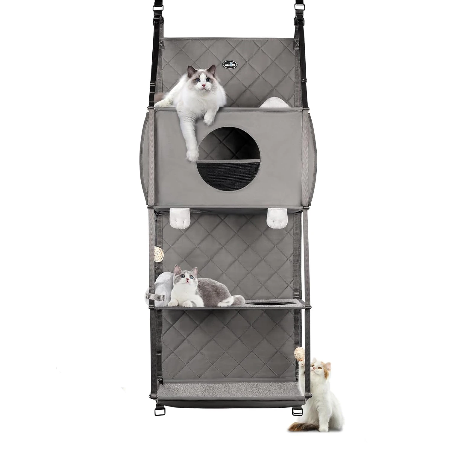 Hanging Cat Tree - Door Mounted Climber Cat Wall Cat Hammock for Indoor, Hanging/Elevated Bed - 4 Story with Removable Pillow