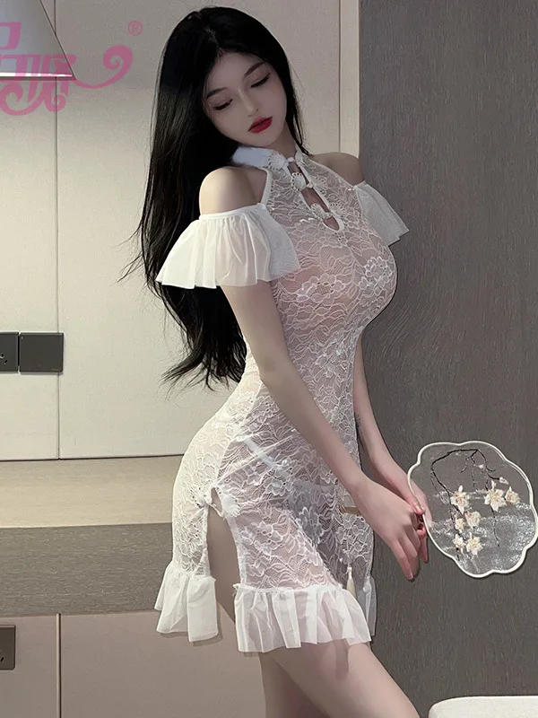 Lace Sheer Women Mesh Hollow Out Ancient Style Qipao Transparent Lace Uniform Cosplay Dress Elegant Hot Sexy Fashion Women Y75Y