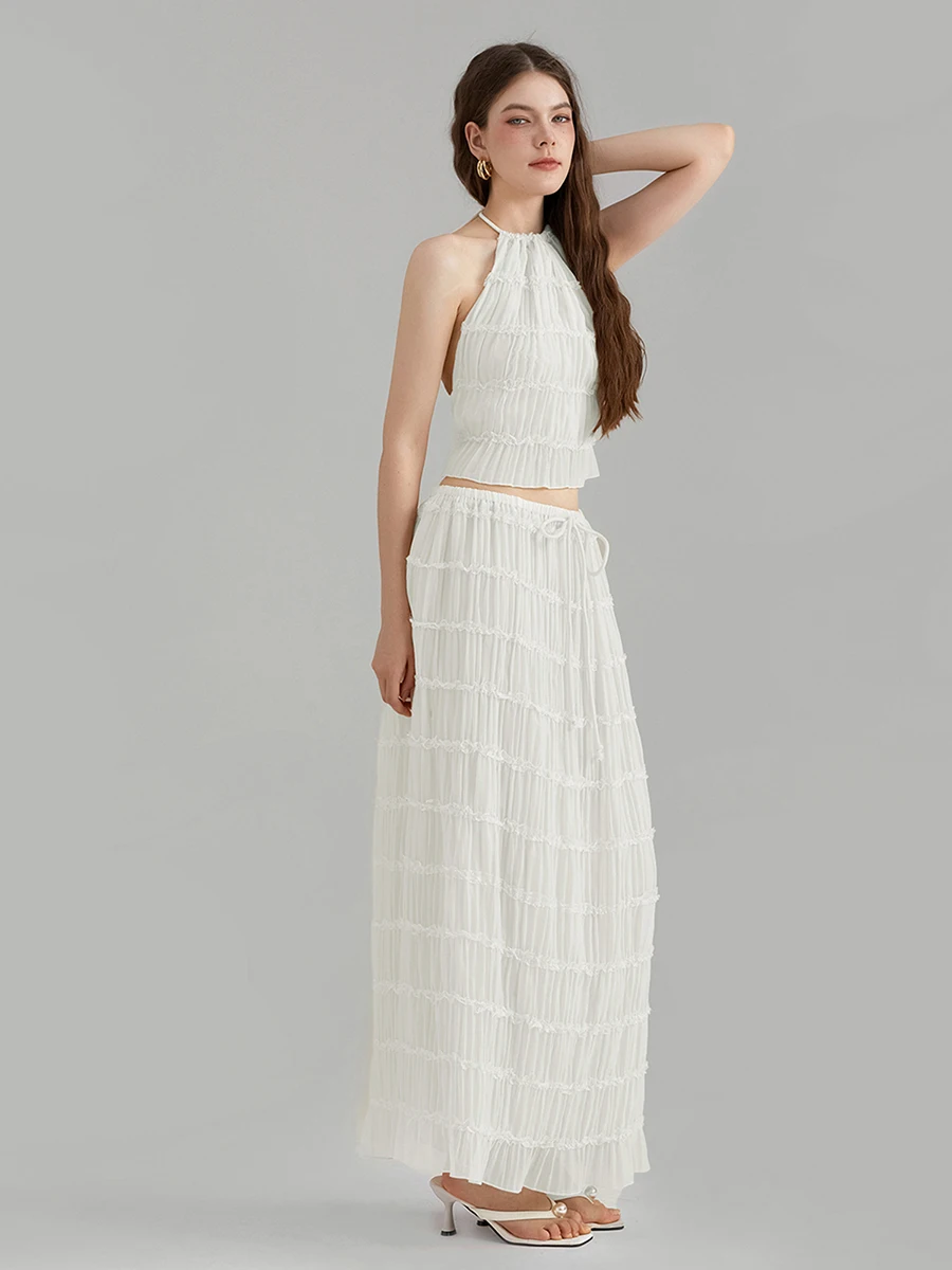 New Fashion Womens Two Piece Summer Outfits Sleeveless Ruched Halter Cami Tops and Long Skirt Set Beachwear S-XL
