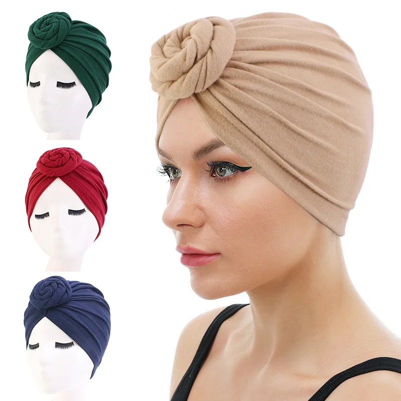 Nowy damski elastyczny turban Kapelusz Bohemian Style Head Wrap Knot Turban Muslim Ladies Hair Cover Beanie Headwraps India Hat Chemo cap