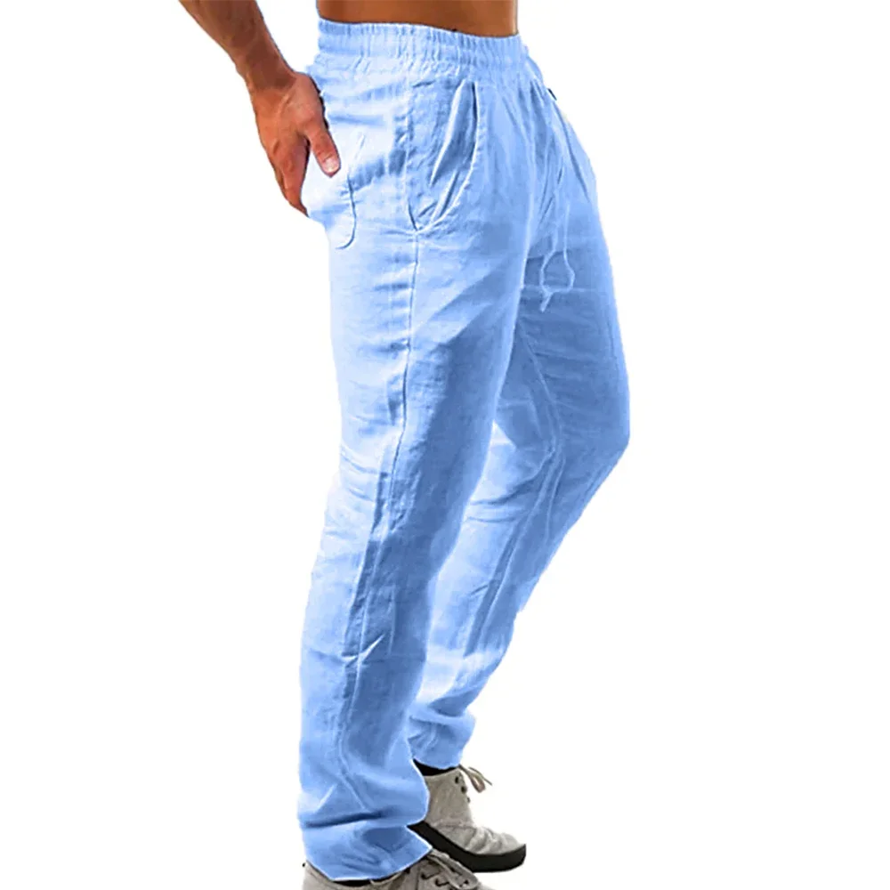 Herren Einfarbige Baumwoll-Leinen-Hose mit Geradem Bein Leichte Atmungsaktive Street-Style Freizeithose