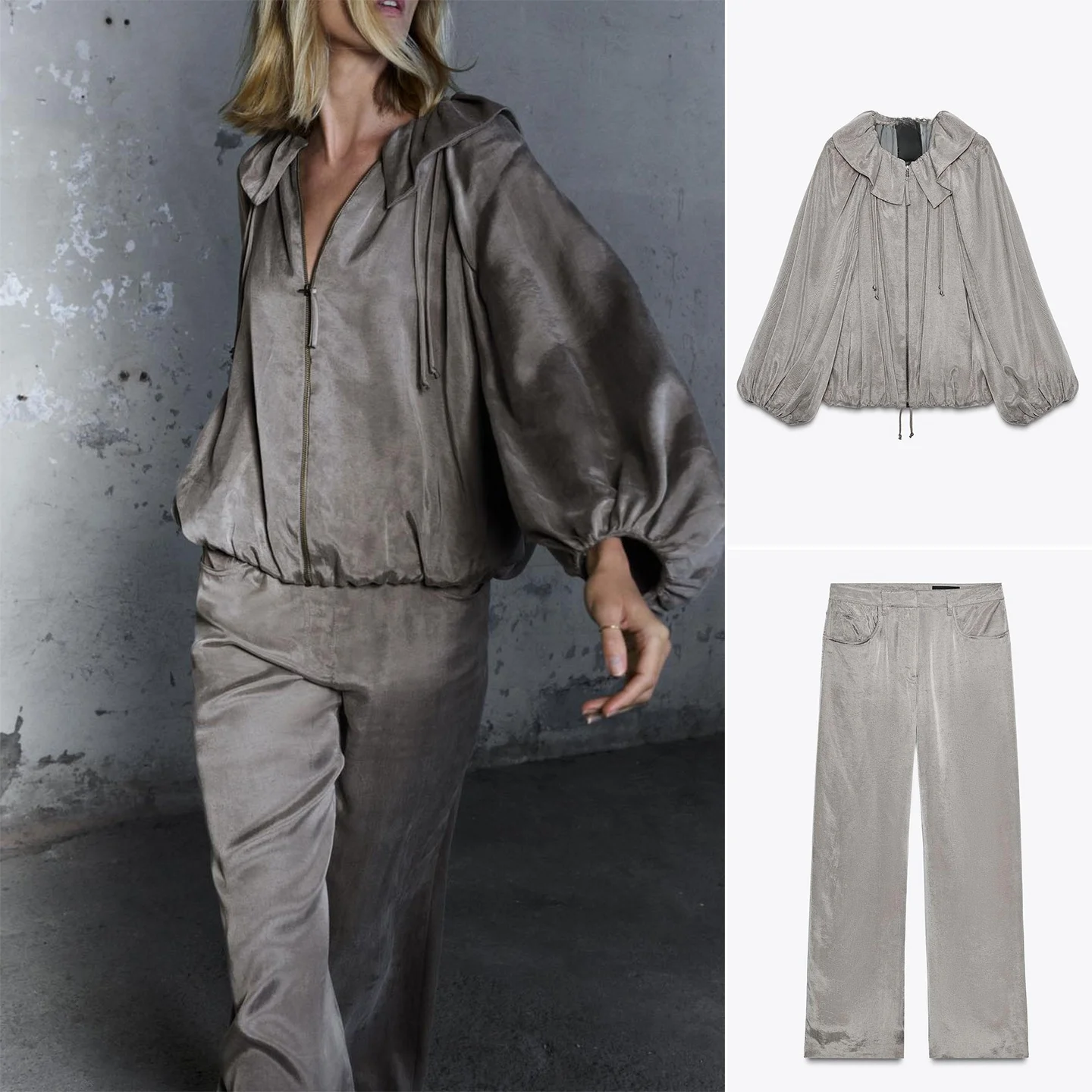 

Autumn Women's Loose Pilot Jaet Outerwear Satin Drapey Pants Two-Piece Set Casual Sle Polyester Velvet Fabric Middle-Aged...