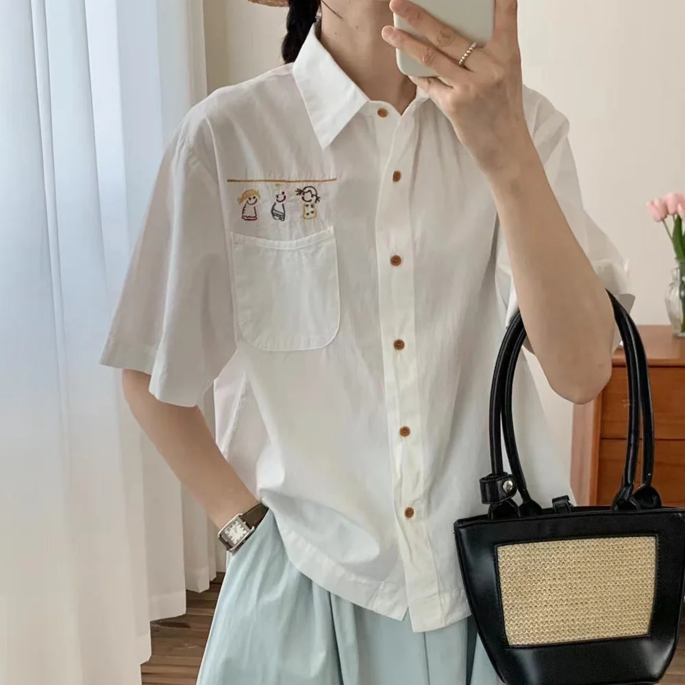 

Japanese Sweet Mori Girl Cute Cartoon Embroidery 100% Cotton Shirts Women Summer Turn Down Collar Short Sleeve Casual Blouse Top
