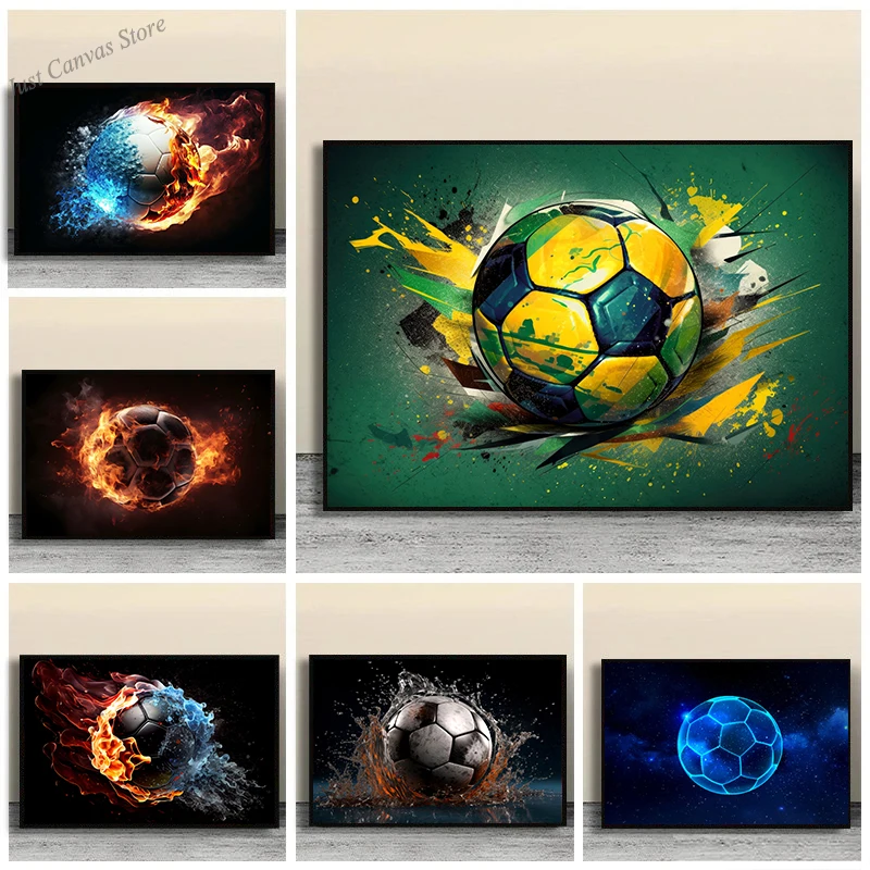 النيون تأثير المائية كرة القدم النار كرة القدم المشارك طباعة قماش اللوحة مجردة الرياضة الكرة جدار الفن غرفة نوم ديكور المنزل لا LED
