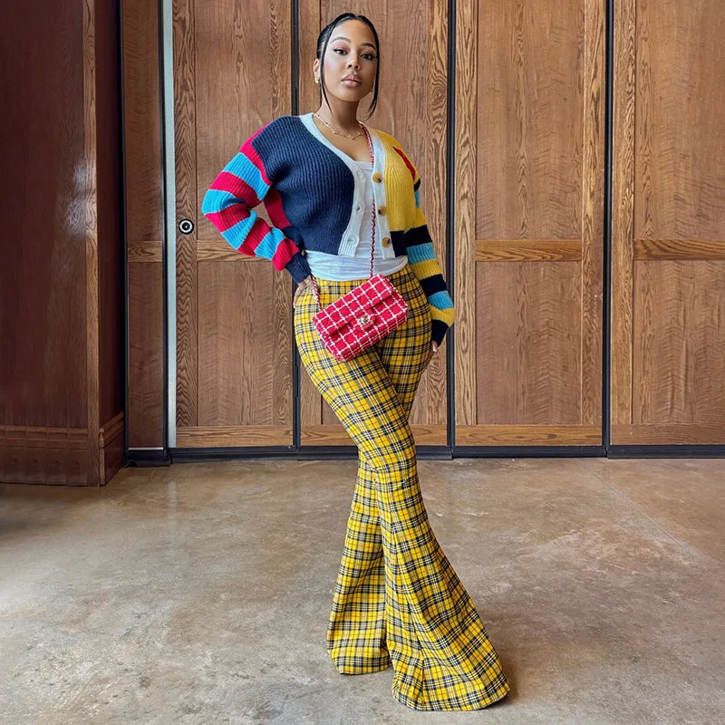 

Retro Fashion Women's High Waist Trousers Plaid Print Slim Fit Wide Leg Bell Bottoms Casual Pants for Ladies