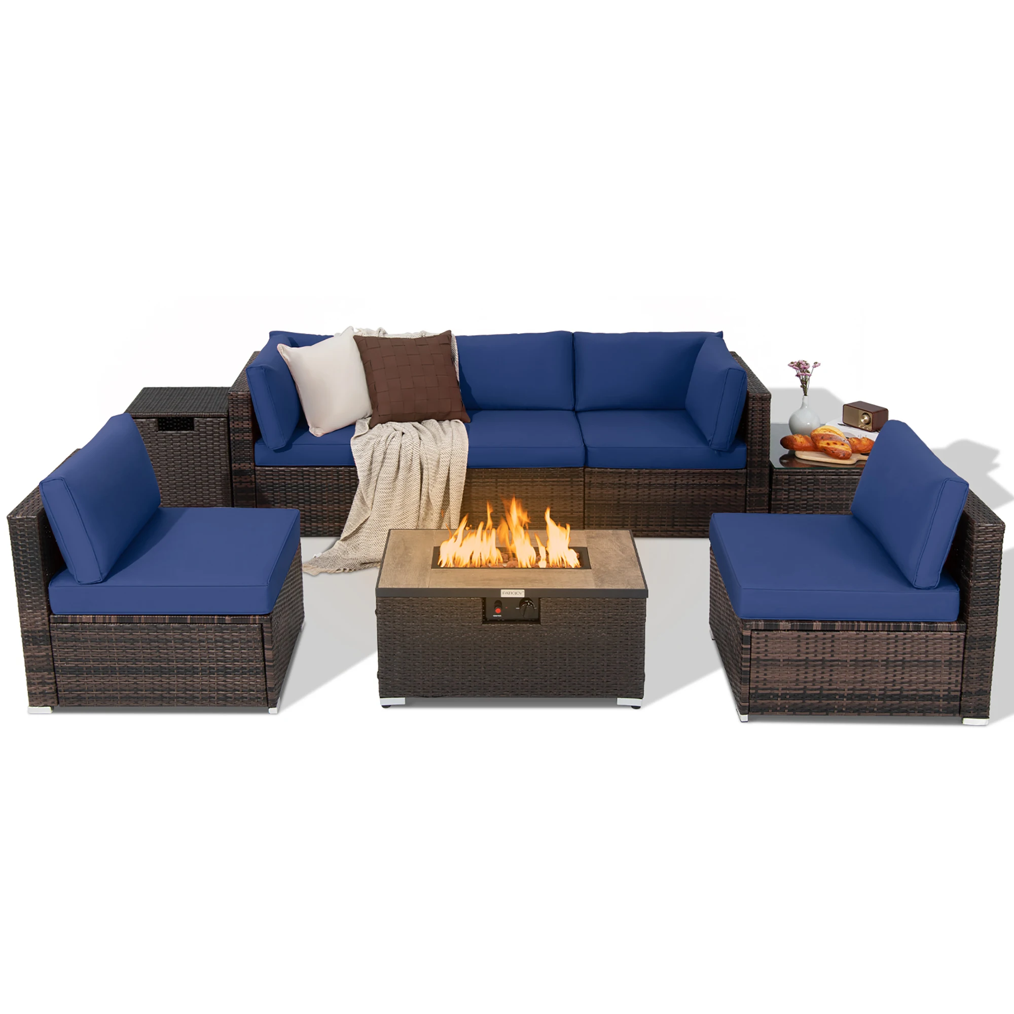 8PCS Patio Rattan Furniture Set Fire Pit Table Tank Holder Cover Deck Navy