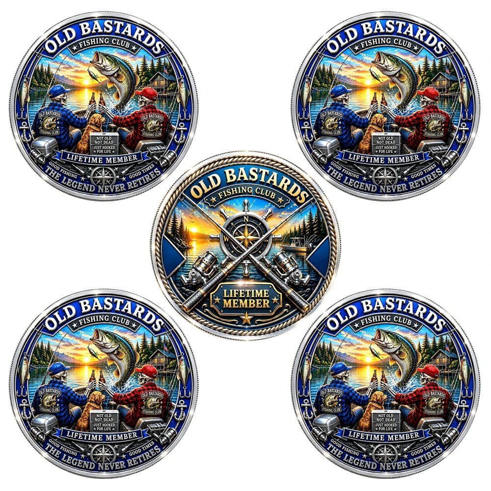 5pcs Old Bastards Fishing Club Commemorative Coins Lifetime Member Funny Angler Souvenir Metal Coin Token for Outdoor Fisherman