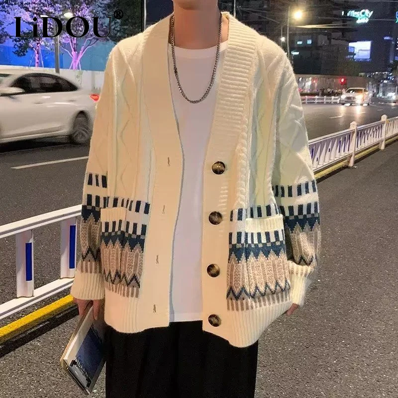 2023 Spring Autumn New Striped Printing Fashion V-neck Long Sleeve Knitting Cardigan Man Casual Loose Button All-match Outwear