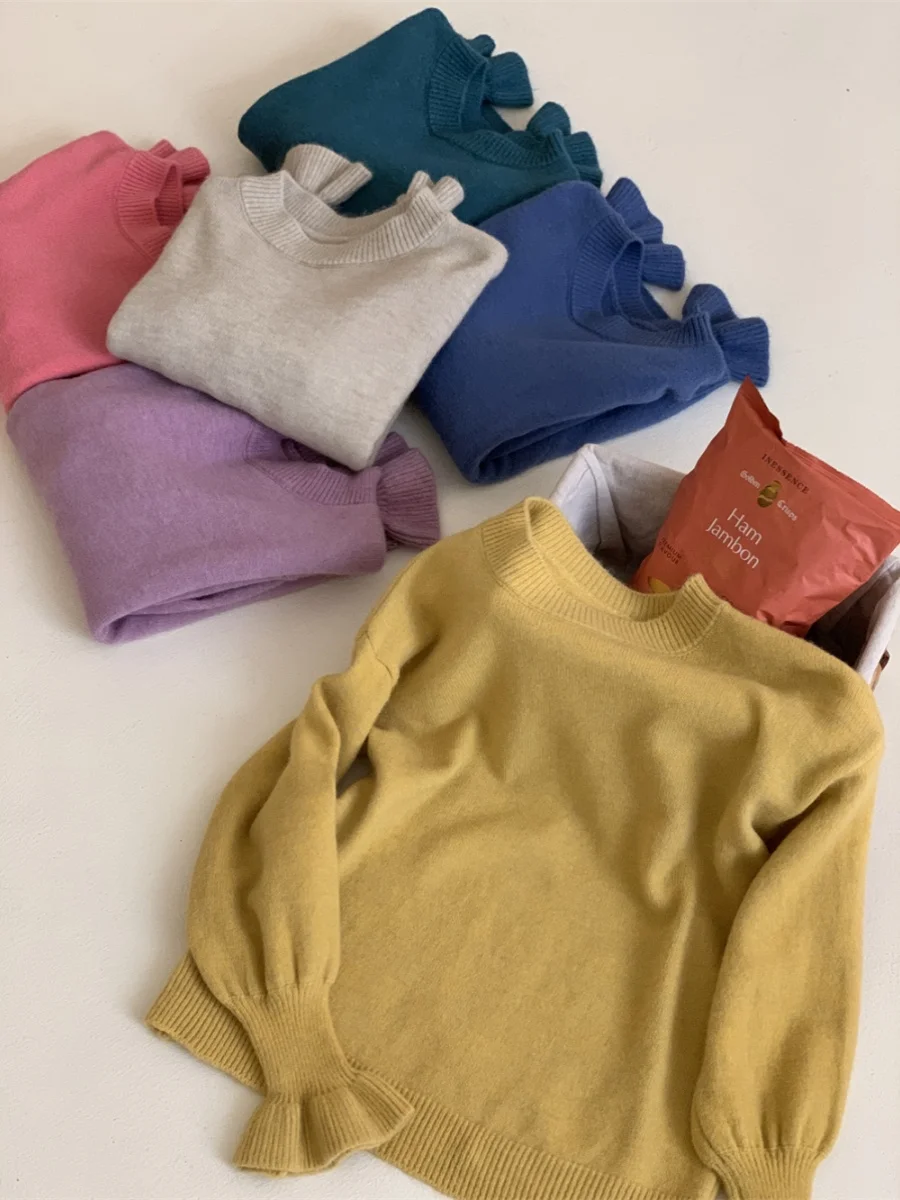 

Яркий цветной фонарь Све Чистый цвет Мягкий пушистый свободный вязаный свитер круглый Ne Basic Sle Удобный осенне-зимний топ