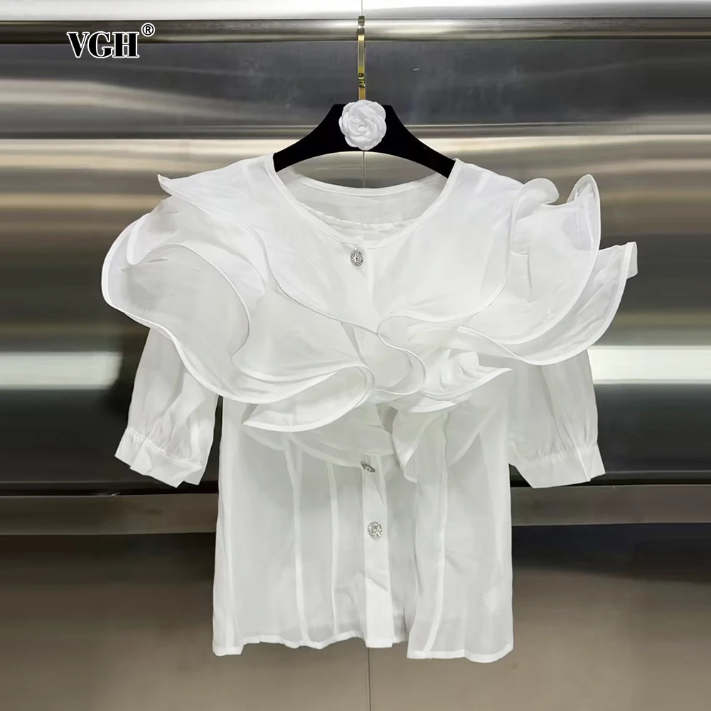 VGH Solid Spliced Single Breasted Blouse for Women Round Neck Short Sleeves Patchwork Ruffles Elegant Top Female Clothing New