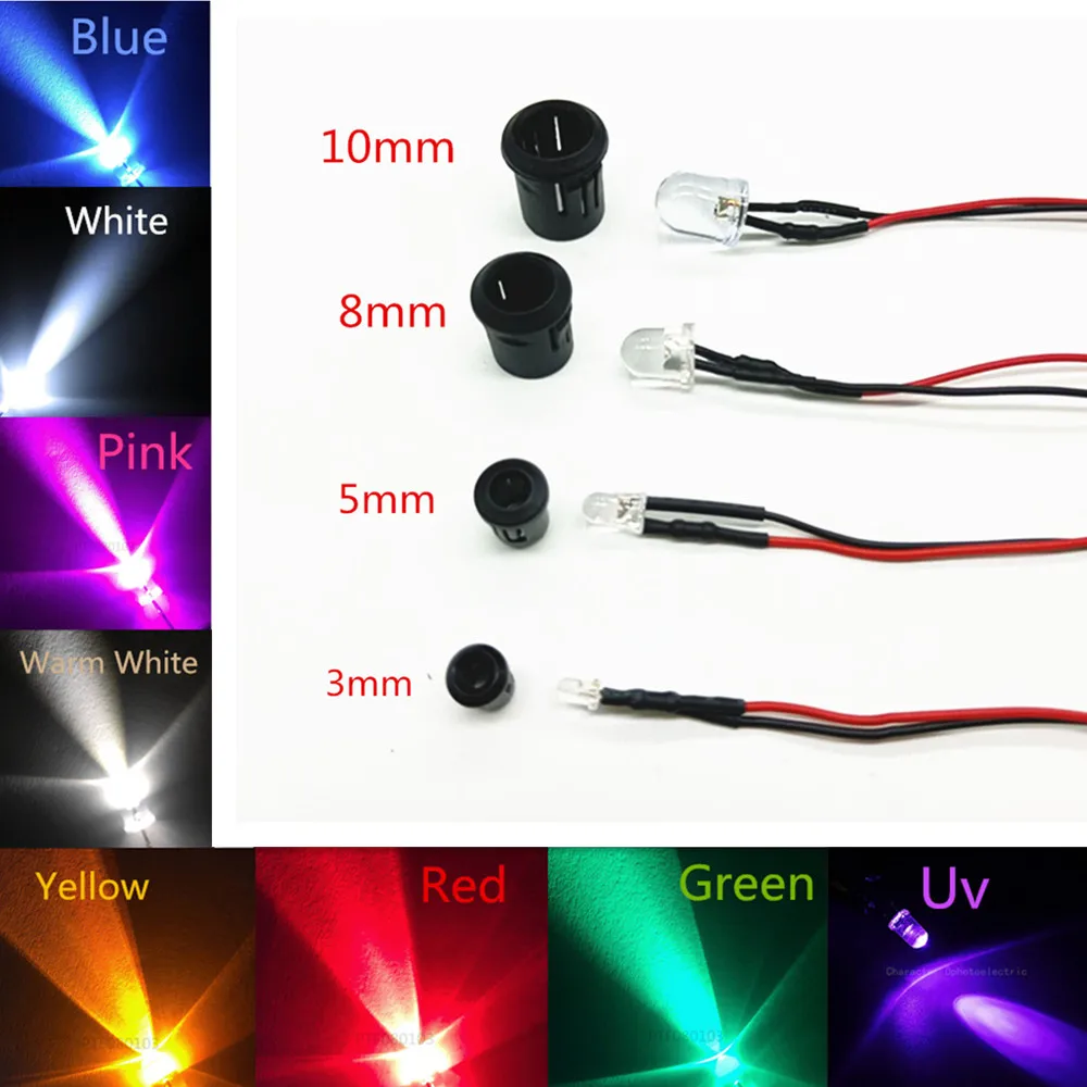 20 sztuk przezroczyste diody LED DC3V 5V 12V 24V 3MM 5MM 10MM dla czerwonego/zielonego/niebieskiego/żółtego/UV/pomarańczowego/różowego/gorącego/białego/RGB przed kablem