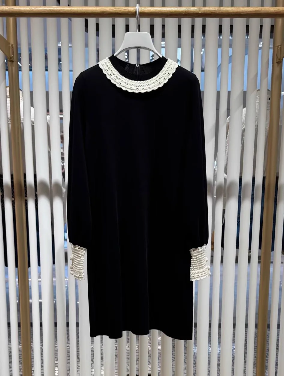 

2025 Spring Autumn Black Dress Fashion Women's Knitted Dress Elegant Ladies Patchwork Dress