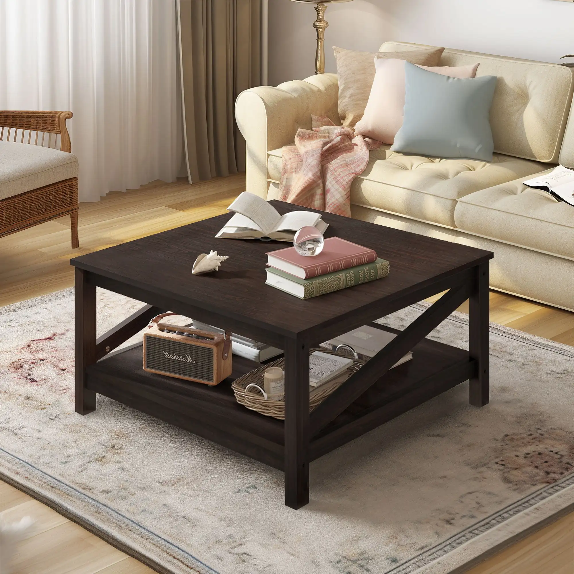 

Coffee Table with Storage Farmhouse Cocktail Center Table for Living Room Walnut