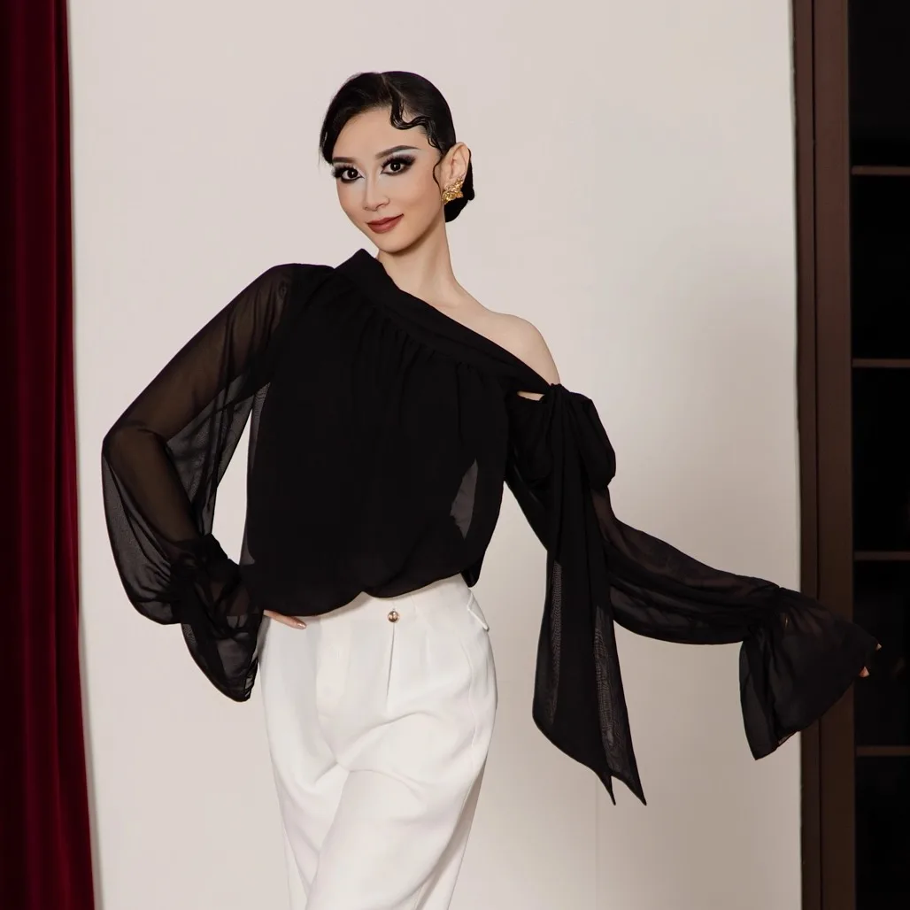 2025 Schuine Schouder Mesh Top Moderne Dans Kleding Voor Vrouwen Latin Wals Ballroom Dans Volwassen Praktijk Kostuums Dragen DN22299