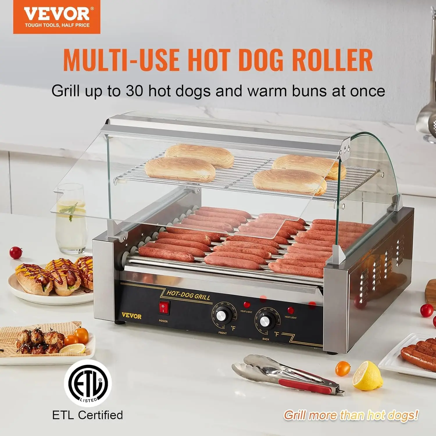 Aço inoxidável Cook Warmer Machine com tampa, controle duplo Temp, luz LED destacável, 30 Hot Dog Capacidade, 11 Rollers, 1650W