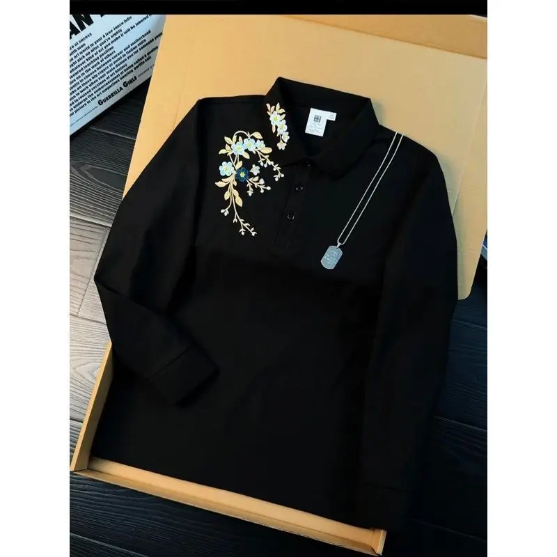 Men Autumn Long Sleeve Polo Shirt American Golden Plum Floral Embroidery Heavyweight Hard Structured Shoulder Lapel T-shirt Tops