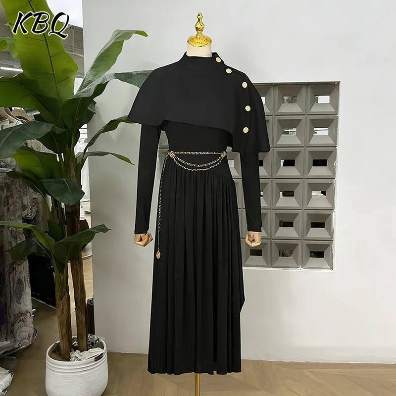 

KBQ Темпераментный комплект из двух предметов для женщин, плиссированные платья-туники с длинными рукавами и металлической цепочкой, костюм-шаль, женский зимний новый