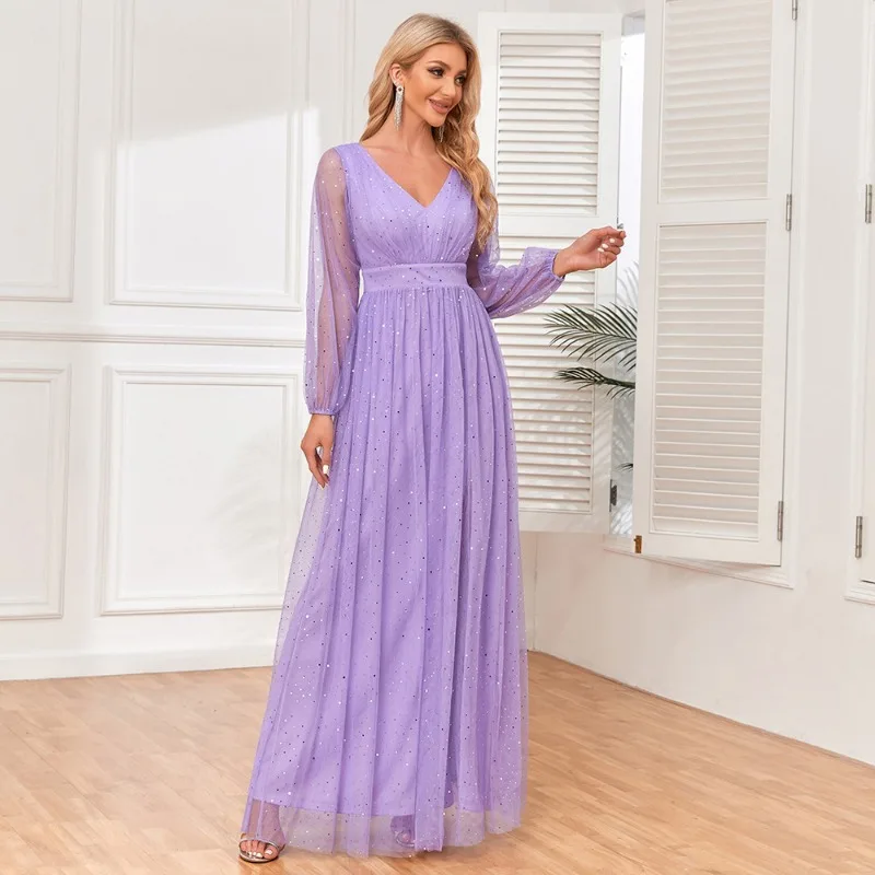 Women's Elegant Double V-neck See Through Long Sleeved Sheer Shiny Evening Gown A-line Fully Lined Wedding Party Dress