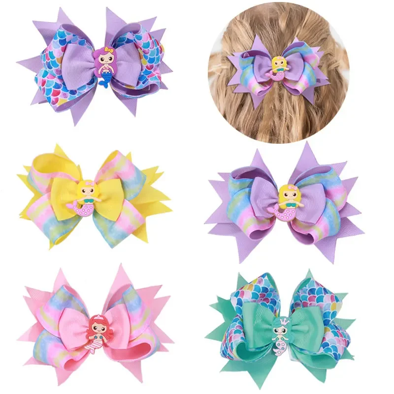 Sweet Pink Mermaid Hair Bow Clips Fashion Barrettes Headwear Boutique Ribbon Print Hairpins Kids Hair Ornament Accessory