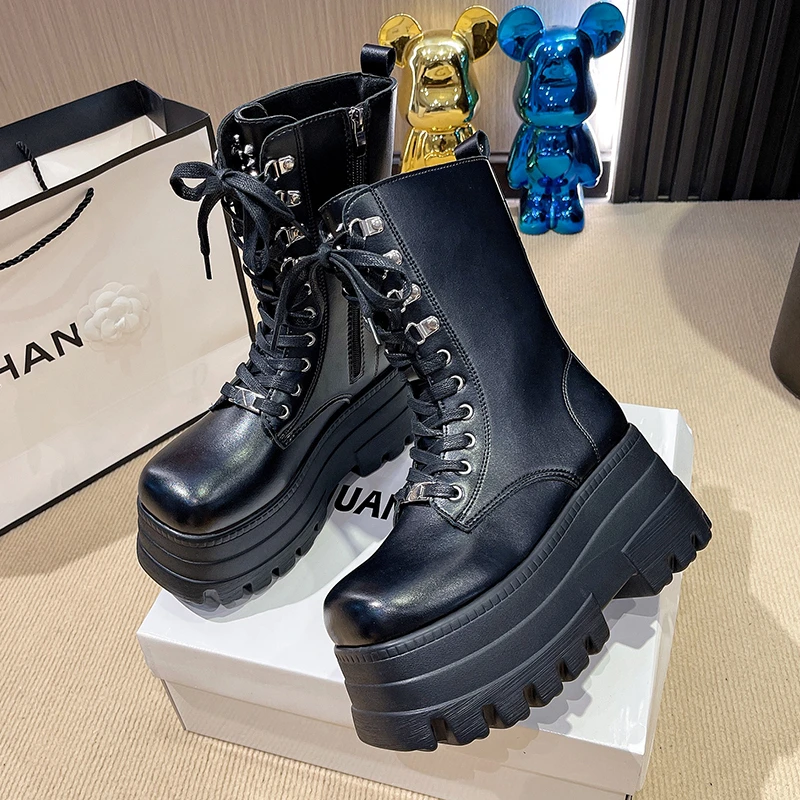 Gloednieuwe Dames Goth Platform Laarzen Mode Klinknagel Gesp Punk Wiggen Hoge Hakken Dameslaarzen Party Street Cosplay Vrouw Schoenen