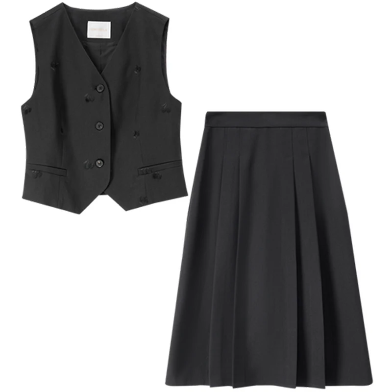 Sentubila colete saia ternos roupas de escritório feminino 2025 outono cereja bordado colete curto plissado saia linha a 153za2655