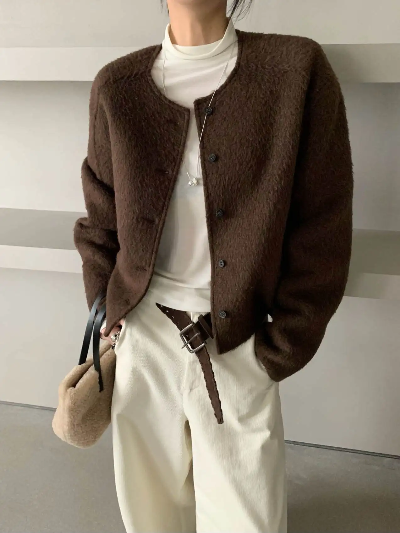 

Retro Faionable Soft Fine Camere ort Autumn Winter Woolen Coat Button up Long Sve round Ne Commute Sle Pure Color