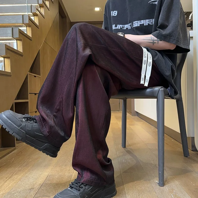 Summer Ice Silk Casual pants men Straight Pants Plus Size Men's Thin trousers Men Loose Comfortable Wide Leg Pants Wine Red
