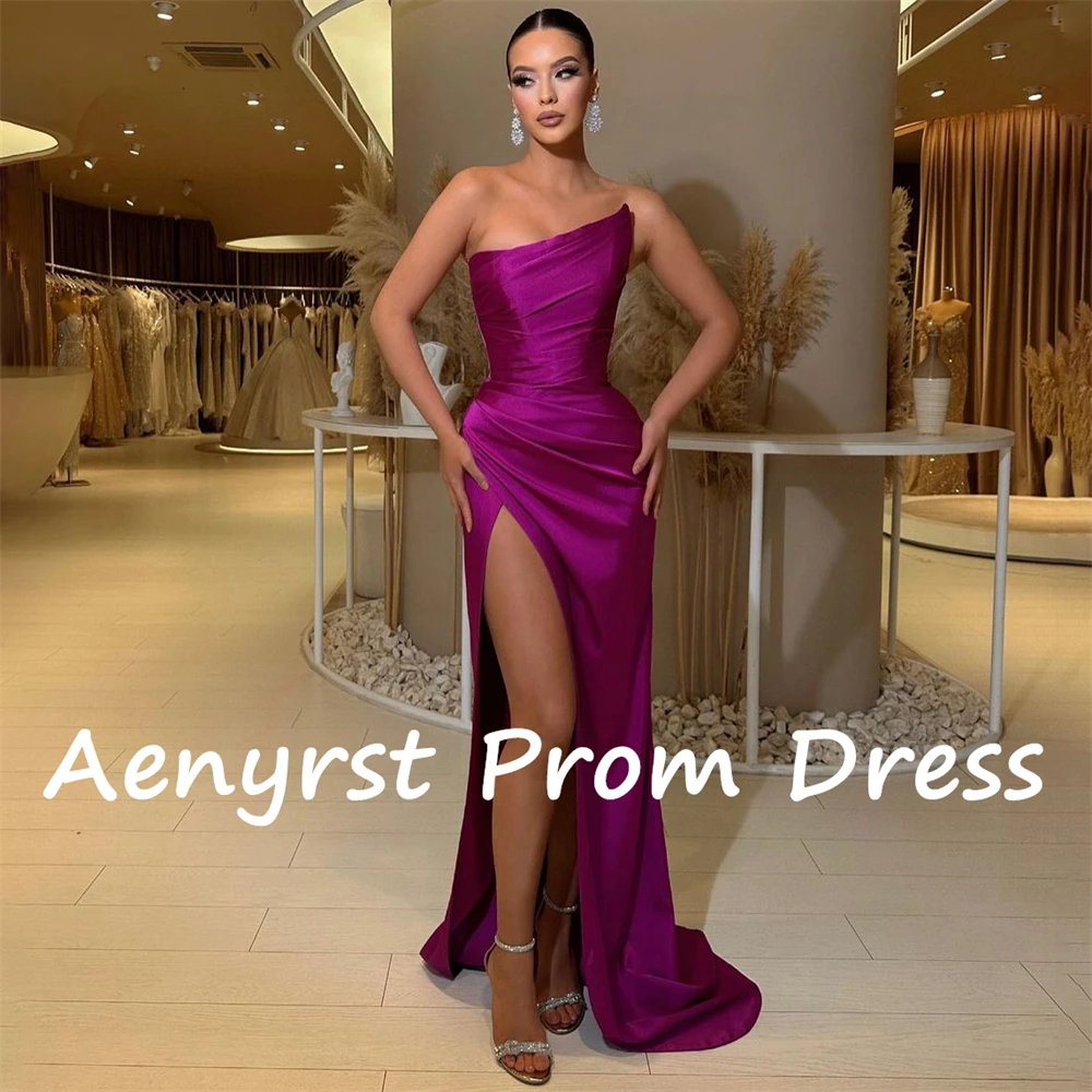 Aenyrst Sexy Strapless Saudi Arabia Prom Dresses Satin Mermaid Side Split Bodycon Codktail Gowns Floor Length Dinner Party Dress