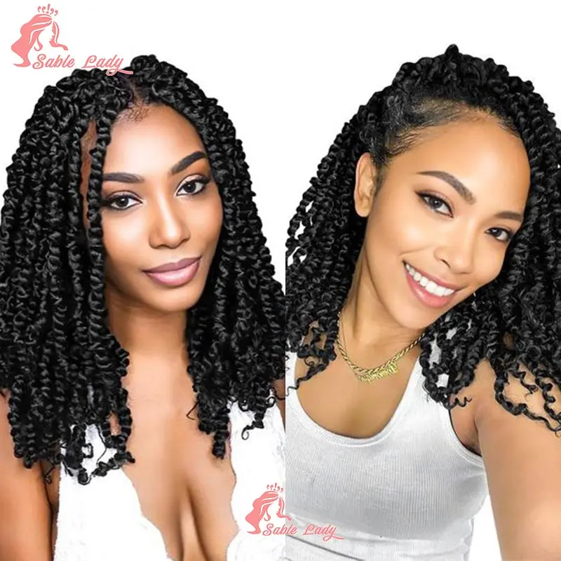 Sable Lady 12 "Synthetic Spring Twist Curly Wigs Braids Braided Wigs Bob Braid Wig Lace Front Goddess Short For Black Women