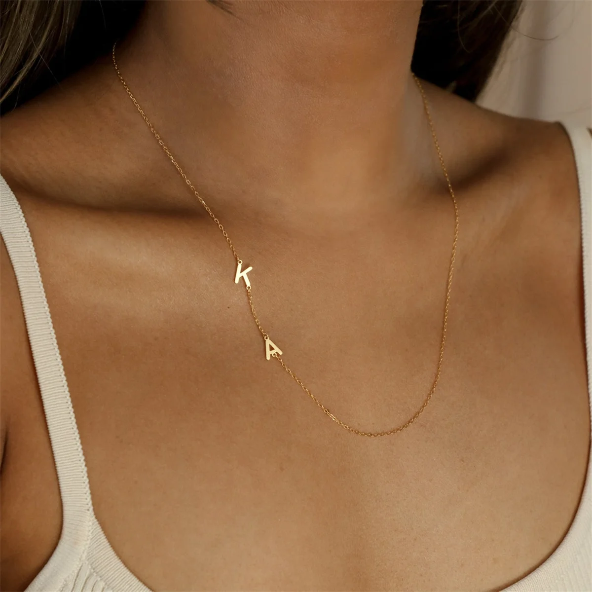 

Off-Center Letter Necklace by Minimalist ,Gold Color Stainless Steel Custom Letter Necklace Sideways Initial Necklace for Mom