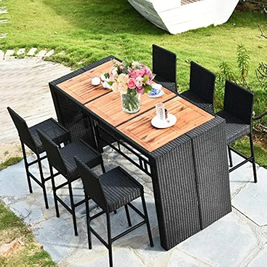 7 PCS Outdoor Wicker Furniture with Acacia Wood Bar Table Top and Removable Cushion,Conversation Set for Dining, Patios, (Black)