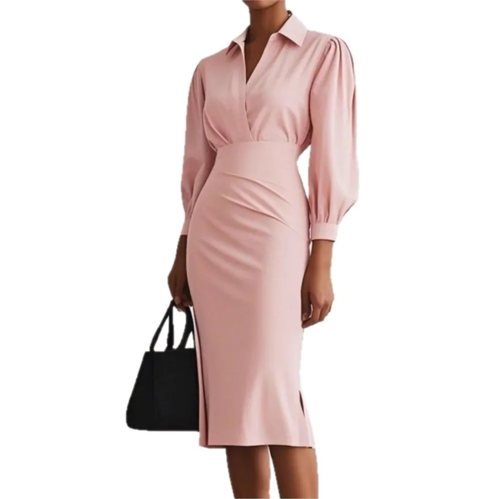 فستان بسيط وعصري برقبة على شكل حرف V بلون سادة وخصر مشدود للنساء للخريف #6