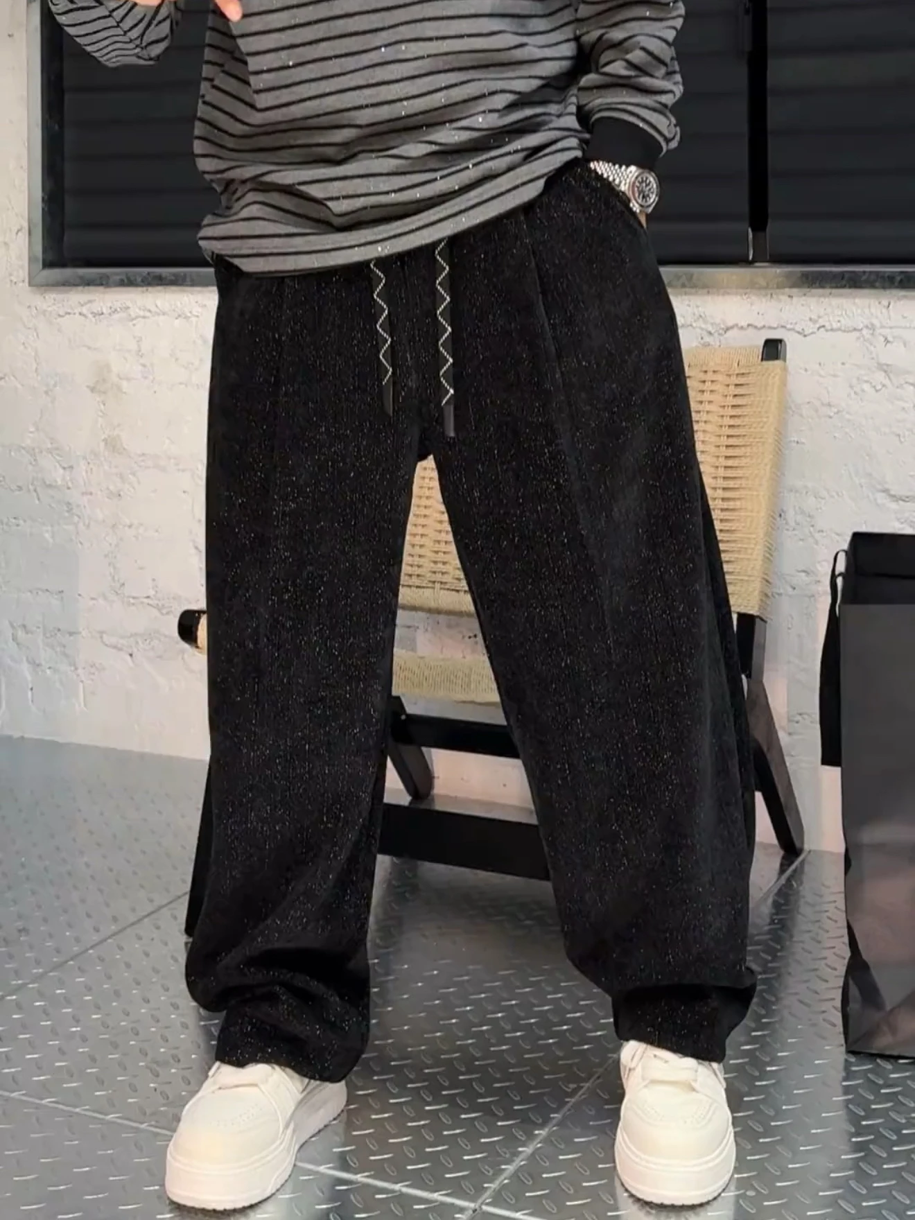 

Мужские повседневные брюки из вельвета с серебряной нитью, свободного кроя, модные, блестящие, осенние, прямые штанины