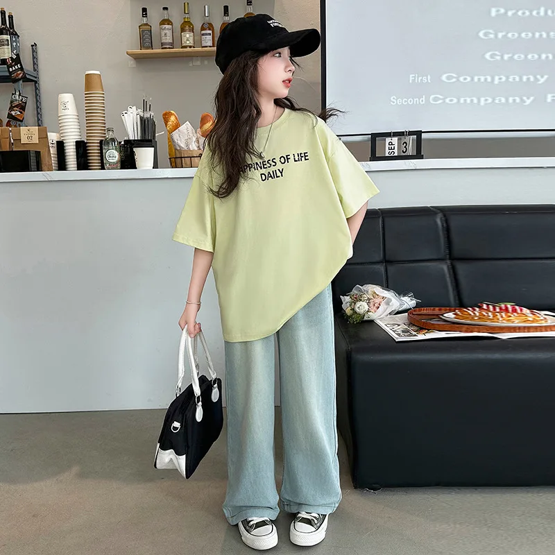 

Girls Trousers Children 2024 New Spring and Summer Blue Bottoms Simple Casual Style All-match Pants Korean Simple Style