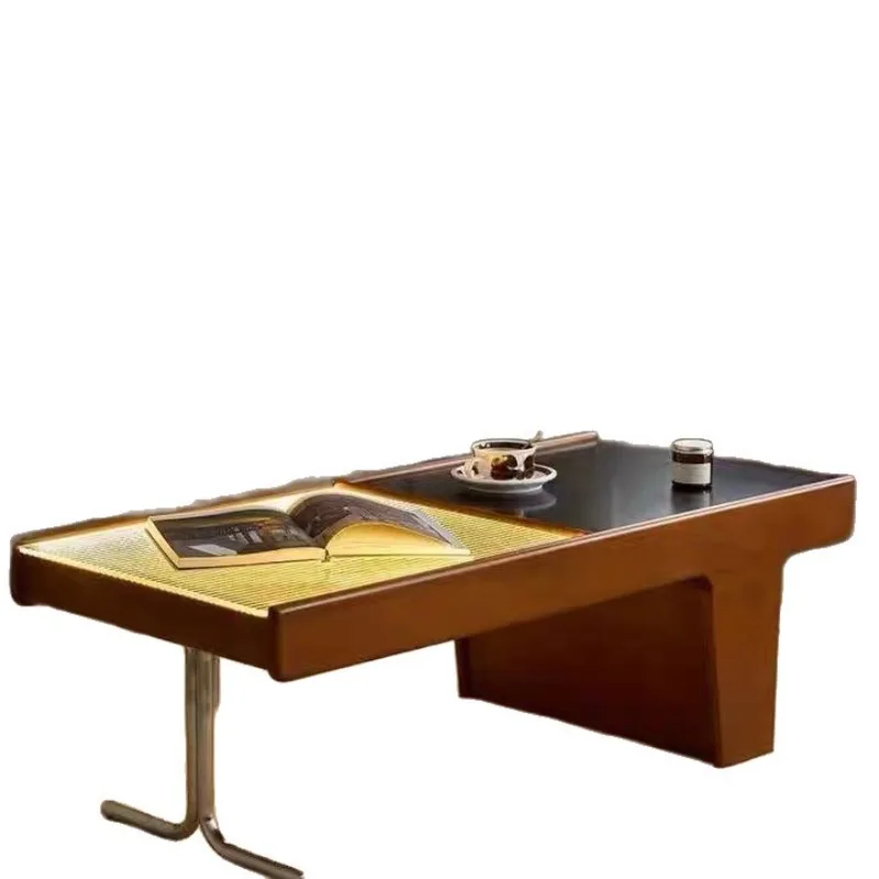 Retro solid wood coffee table, living room household small apartment Nippori glass storage rectangular solid wood tea table